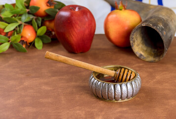 Wall Mural - One of iconic symbols Rosh Hashanah is dipping apples in honey, symbolizing hopes for sweet fruitful year ahead.