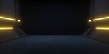Fototapeta Perspektywa 3d - 3d rendering of yellow neon glowing spaceship corridor hallway background. Scene for advertising, showroom, technology, future, modern, sport, game, metaverse. Sci Fi Illustration. Product display