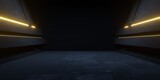 Fototapeta Fototapety przestrzenne i panoramiczne - 3d rendering of yellow neon glowing spaceship corridor hallway background. Scene for advertising, showroom, technology, future, modern, sport, game, metaverse. Sci Fi Illustration. Product display
