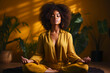 Young afro-american woman practicing breathing yoga pranayama in flat apartment. Unity connection with yourself, meditating for inner peace zen and balance, stable mental health concept. Generative AI