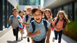 © MP Studio - A group of elementary school kids running in the school hallway.Created with Generative AI technology.