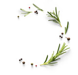 Fototapeta Na drzwi - Fresh green organic rosemary leaves and peper isolated on white background. Transparent background and natural transparent shadow; Ingredient, spice for cooking. collection for design