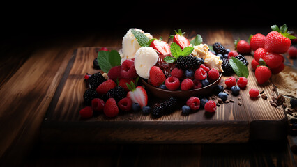 Poster - Ice cream banner, illustration with berries, fruits and chocolate