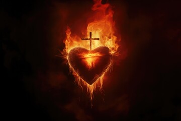 Poster - The Sacred Heart, a crown of thorns in the shape of a heart on fire background with copy space