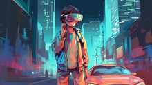 Generative AI, A Little Boy In Virtual Reality Glasses Stands On A Night Street Of A Big City Illuminated By Neon Signs, Metaverse, Gamer, Online Games