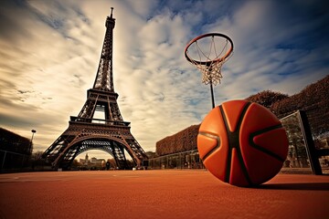 Illustration of improvised basketball court near the Eiffel Tower in Paris, merging sports and iconic architecture into a unique urban scene. Daylight. Generative Ai. 