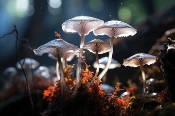 Wall Mural - Mushrooms in the forest with water drops.