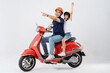 © 1112000 - father and son wearing helmets and riding motorbikes