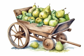 Poster - watercolor painting of an old wooden cart with fresh green