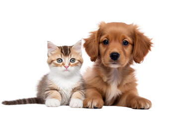 Cute small kitten and puppy on a white backdrop.