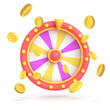 Vector 3d icon isolated on white background. Game icon. Wheel of fortune, roulette with falling money, coin, poker chips. Vector illustration for postcard, icons, poster, banner, web, design, arts.