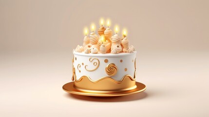 3d illustration of gold cute birthday cake, Sweet cake for a surprise birthday, for anniversary and celebration ,mother day, Valentine day, cake, cupcake, Generative AI illustration