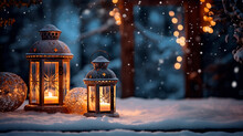 Christmas Lantern In Snow With Winter Forest Background. Winter Decoration Background With Christmas Lights.