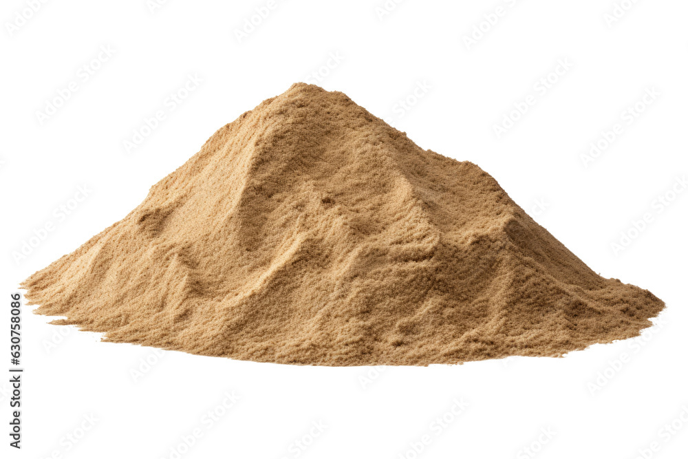 A heap of sand from the desert, a solitary dune, is displayed against a white background, showing its texture. A clipping path is included.