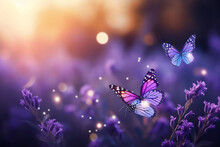 Sunny Summer Nature Background With Fly Butterfly And Lavender Flowers With Sunlight And Bokeh. Outdoor Nature Banner