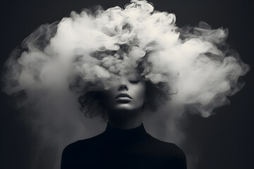 girl’s head covered with cloud or smoke portrait art photo created with generative ai technology