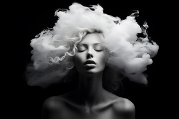 Girl’s head covered with cloud or smoke portrait art photo created with Generative AI technology