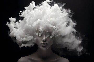 Girl’s head covered with cloud or smoke portrait art photo created with Generative AI technology