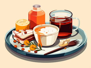 Wall Mural - The food set in the tray includes drinking water and dessert. Complete set of food for 2 to 3 people.