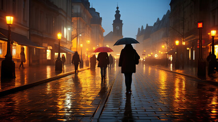 Wall Mural - Enchanting Rain-soaked Night, Evening Streets of the Old Town with Orange Lanterns and Umbrella-clad Crowds. Generative AI