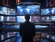 canvas print picture - A shot of a futuristic holographic news broadcast with a person from behind watching the news unfold.