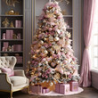 Pink Christmas tree with pink streamers, bulbs, decor and presents underneath. Perfect for the holiday season. Generative ai.