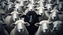 A Black Sheep Surround With Normal White Sheeps. AI Generative.