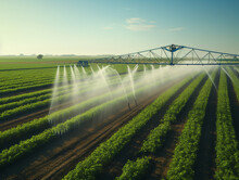 A Shot Of An Irrigation System Watering A Vast Field An Image Of Modern Agriculture.