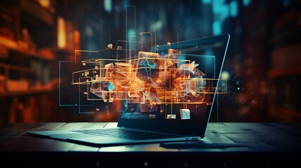 Abstract creative coding concept on a multi exposure contemporary laptop background. Generative AI