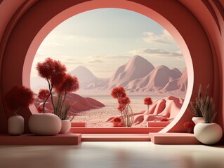 Home interior futuristic red design with round window arch showing mountain landscape, flowers and sky. visualization AI