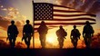 The silhouette of the US soldiers on sunset. With USA flag. AI generative.