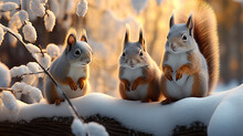 Fluffy Squirrels Amidst The Enchantment Of A Winter Forest Landscape. Generative AI