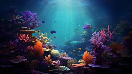 Wall Mural - Colorful coral reef with fishes and corals photo background created  with Generative AI technology