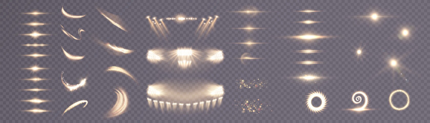 Leinwandbilder - Set of light effects. Glowing isolated set of yellow light effects, glare, spotlight, explosion, glitter, dust, line, sun flare, spark and stars, curve. Sunlight, abstract special effect.