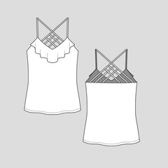 Women Ruffles Camisole Crisscross back top t shirt Cami Fashion flat sketch technical drawing vector design