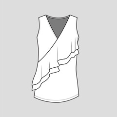 Women Sleeveless Ruffles v neck top t shirt blouse cad flat sketch technical drawing template design vector