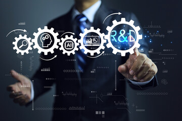 businessman pointing on r and d cog research and development and gear icons as a continuous process.