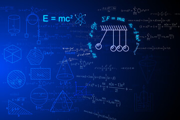 Dark blue background image, mathematical equations containing Albert Einstein's theory and Isaac Newton's laws of motion. Kinetic energy transfer, momentum and other geometrical equations.