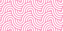Seamless Pink Pattern With Circles Fabric Curl Backdrop. Seamless Overloping Pattern With Waves Pattern With Waves And Pink Geomatices Retro Background.	