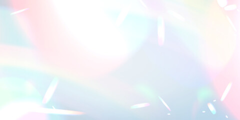 Wall Mural - Rainbow light prism optical spectral effect. Hologram reflection, lens glare, crystal flare leak shadow overlay. Vector illustration of abstract ethereal blurred iridescent light background.