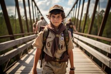 Boy Scout Standing On A Bridge. Generative AI.