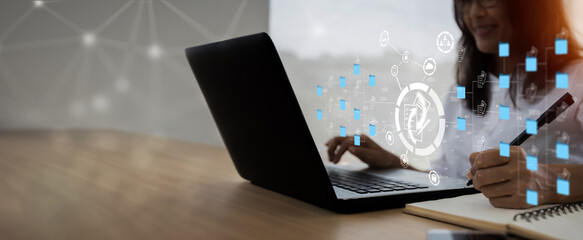Wall Mural - businesswoman using laptop to document management concept, online documentation database and digital