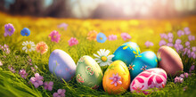 Colorful Artistically Painted Easter Eggs In A Meadow
