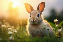 Rabbit On Green Grass With Sunset