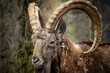 Siberian ibex curved horns standing on a rocky terrain