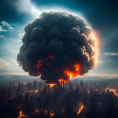 A nuclear Atomic bomb explosions In the futuristic city on daylight sky generative ai illustration art