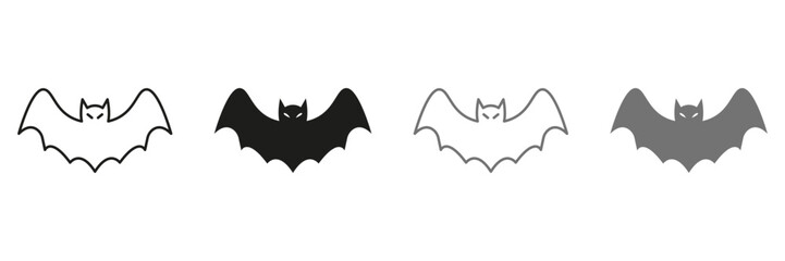 Wall Mural - Bat Line and Silhouette Icon Set. Scary Evil, Dark Bat Black and Color Symbol Collection. Cute Halloween Spooky Fly Vampire with Wings at Night Pictogram. Isolated Vector Illustration