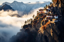 An Enchanting Picture Of A Remote Buddhist Monastery, Perched High In The Himalayan Mountains Generative AI