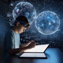 a student is surrounded by a 3d holoam of a lesson plan arranged by ai for a personalized learning e