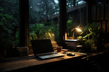 a sunny window in a wooden hutch with two books, a laptop, a plant, and glasses Generative AI